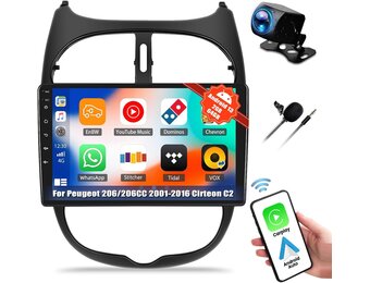CAMECHO 2G+64G Android 13 autoradio voor Peugeot 206/206CC 2001-2016 Cirteon C2, 9" scherm Autoradio-Draadloze Apple Carplay Android Auto GPS WiFi Bluetooth FM RD USB SWC+Achteruitrijcamera