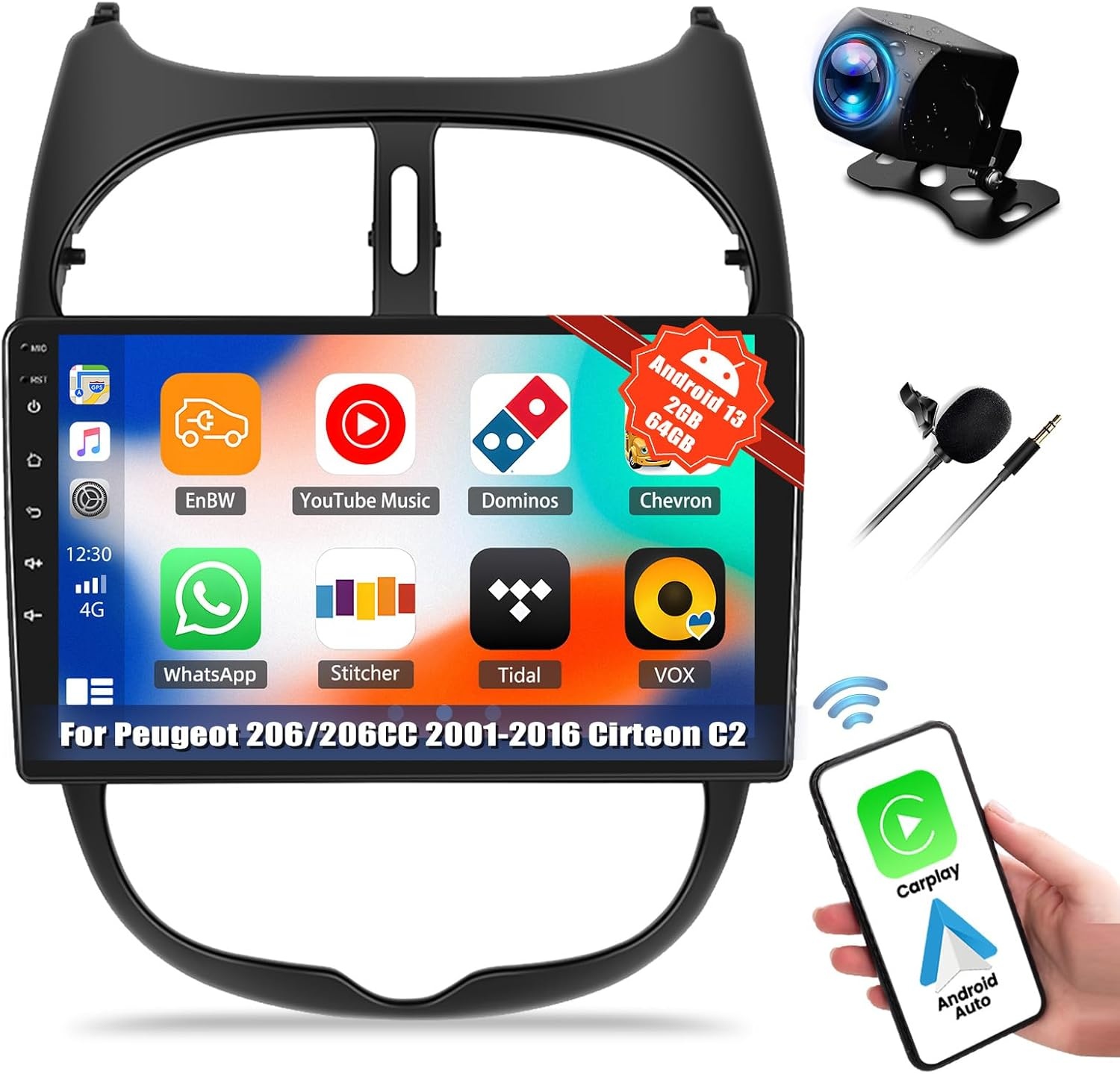 CAMECHO 2G+64G Android 13 autoradio voor Peugeot 206/206CC 2001-2016 Cirteon C2, 9" scherm Autoradio-Draadloze Apple Carplay Android Auto GPS WiFi Bluetooth FM RD USB SWC+Achteruitrijcamera
