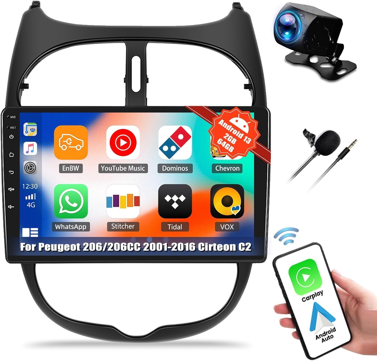 CAMECHO 2G+64G Android 13 autoradio voor Peugeot 206/206CC 2001-2016 Cirteon C2, 9" scherm Autoradio-Draadloze Apple Carplay Android Auto GPS WiFi Bluetooth FM RD USB SWC+Achteruitrijcamera