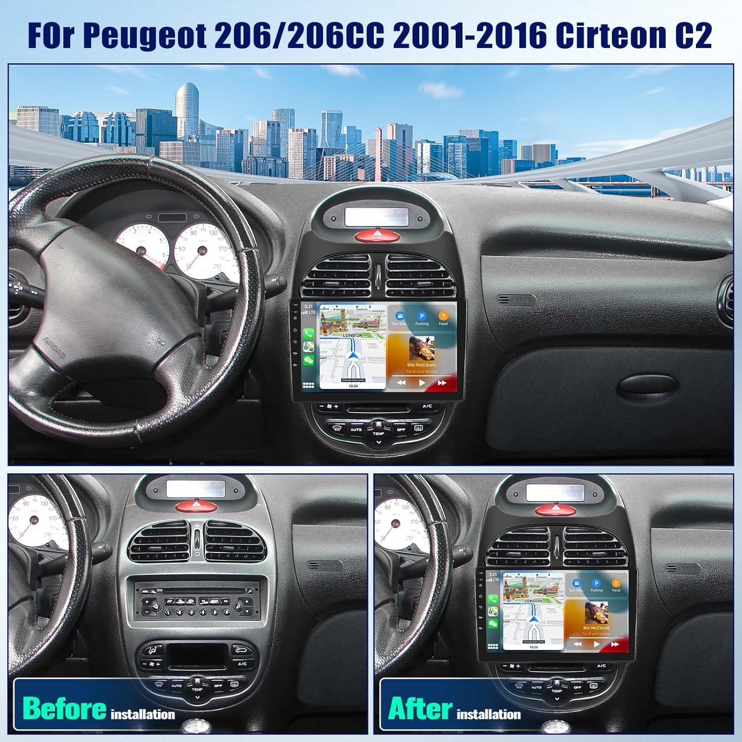 CAMECHO 2G+64G Android 13 autoradio voor Peugeot 206/206CC 2001-2016 Cirteon C2, 9" scherm Autoradio-Draadloze Apple Carplay Android Auto GPS WiFi Bluetooth FM RD USB SWC+Achteruitrijcamera