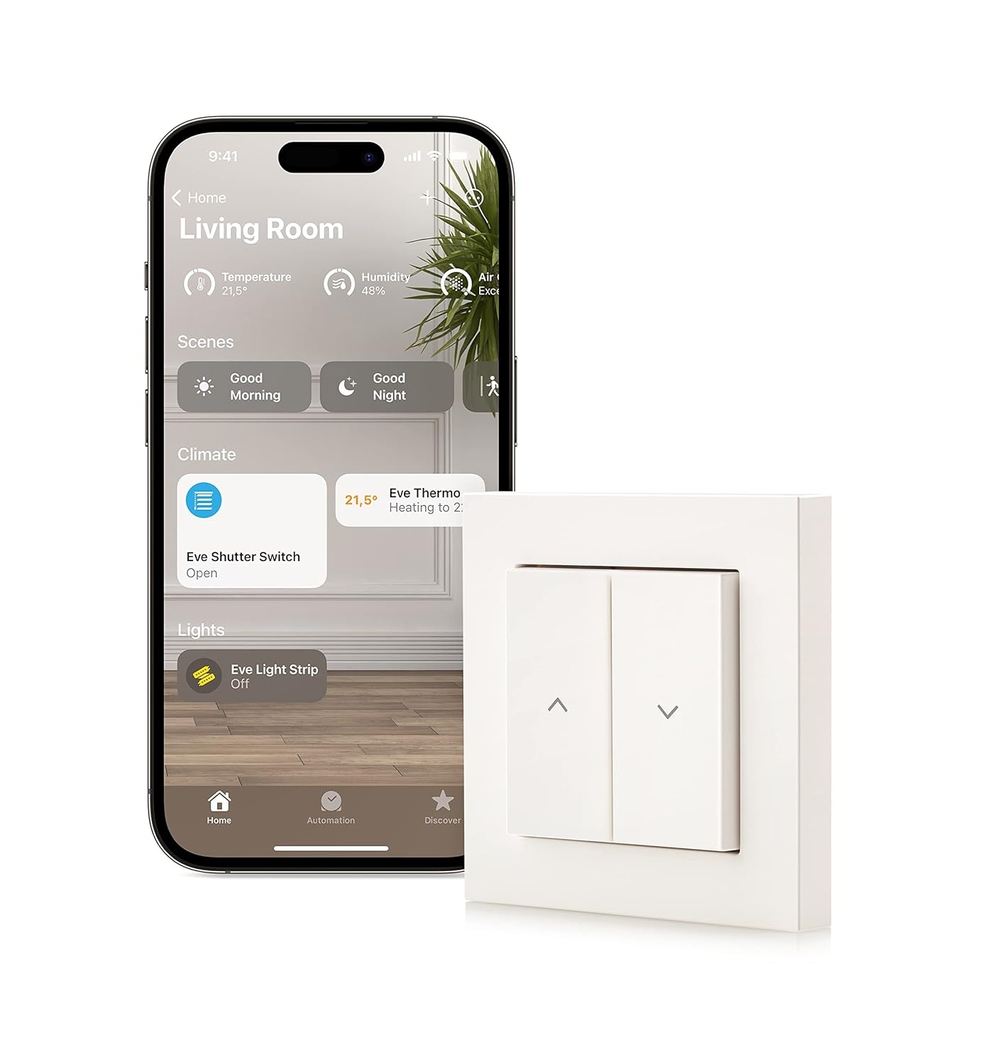 Eve Shutter Switch – Smart Shutter-controller met ingebouwde schema's, adaptieve zonwering, Siri-spraakbesturing, timer, toegang op afstand, geen bridge nodig, Bluetooth/Thread, Apple HomeKit.