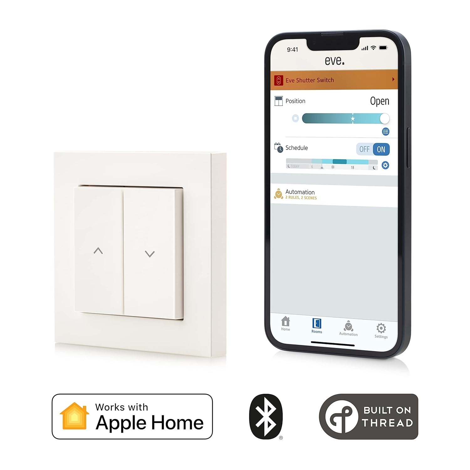Eve Shutter Switch – Smart Shutter-controller met ingebouwde schema's, adaptieve zonwering, Siri-spraakbesturing, timer, toegang op afstand, geen bridge nodig, Bluetooth/Thread, Apple HomeKit.