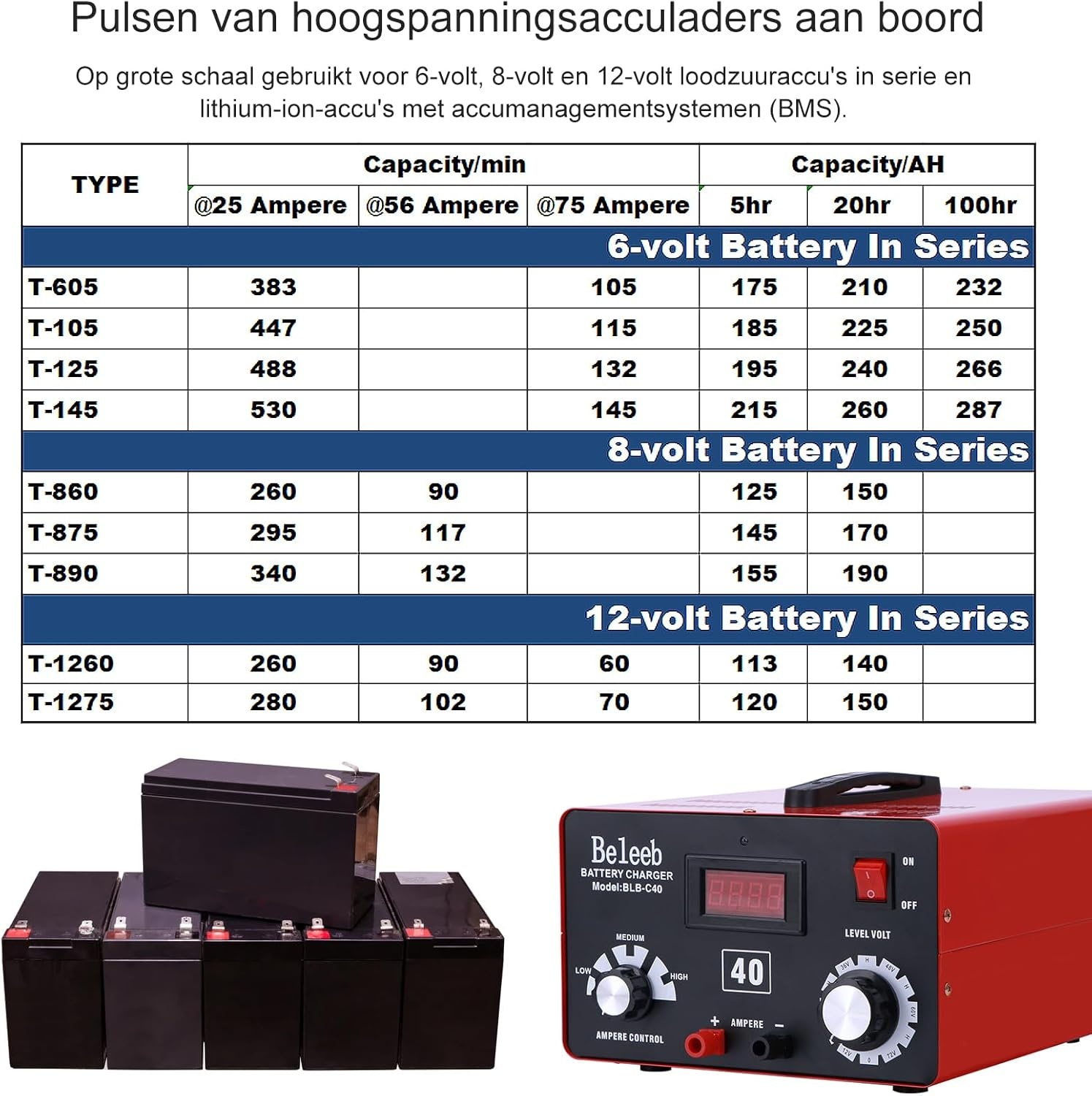 HUGOOME Beleeb C40 Batterijlader & Desulfator - 12V-72V Loodzuur & Lithium Accu's