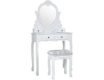 Kaptafel Set met Hartspiegel & Krukje - Wit Hout (74x40x143cm) - 54% Korting!
