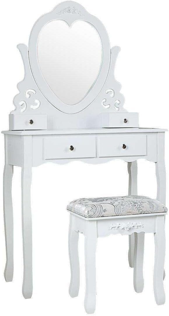 Kaptafel Set met Hartspiegel & Krukje - Wit Hout (74x40x143cm) - 54% Korting!