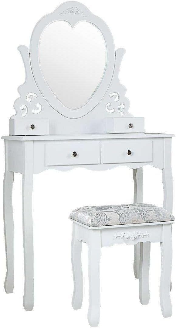 Kaptafel Set met Hartspiegel & Krukje - Wit Hout (74x40x143cm) - 54% Korting!