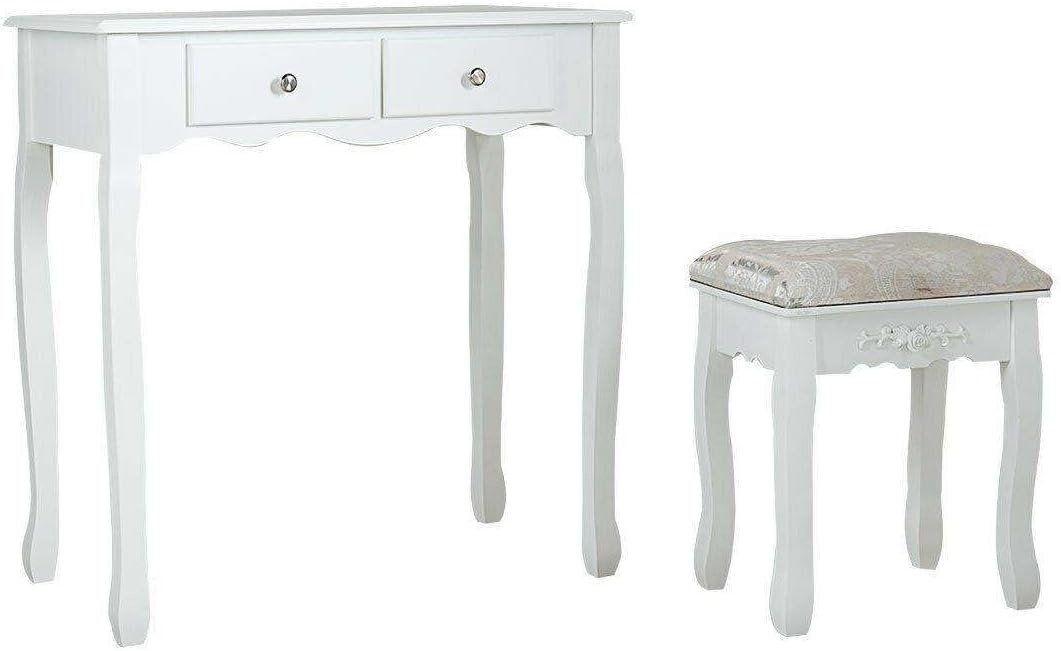 Kaptafel Set met Hartspiegel & Krukje - Wit Hout (74x40x143cm) - 54% Korting!