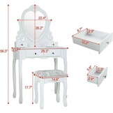Kaptafel Set met Hartspiegel & Krukje - Wit Hout (74x40x143cm) - 54% Korting!