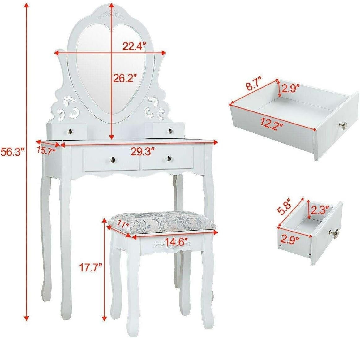 Kaptafel Set met Hartspiegel & Krukje - Wit Hout (74x40x143cm) - 54% Korting!