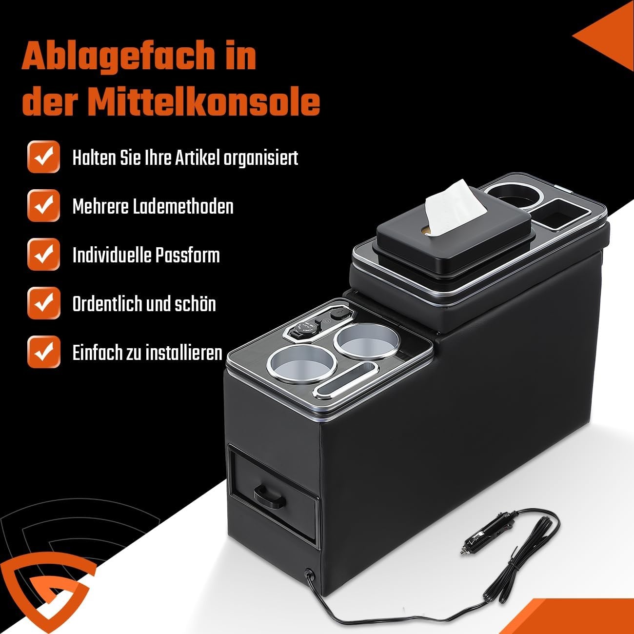 Opbergconsole VW T4-T6.1 Zwart Gla met USB & LED - 30% Korting!
