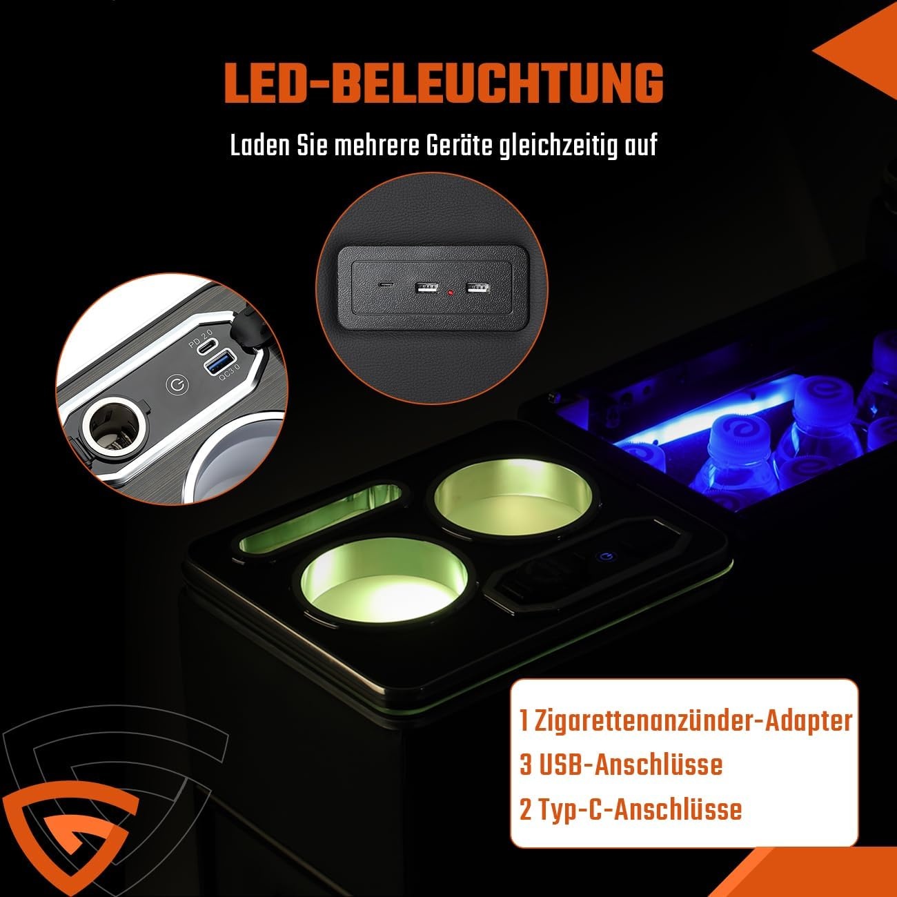 Opbergconsole VW T4-T6.1 Zwart Gla met USB & LED - 30% Korting!