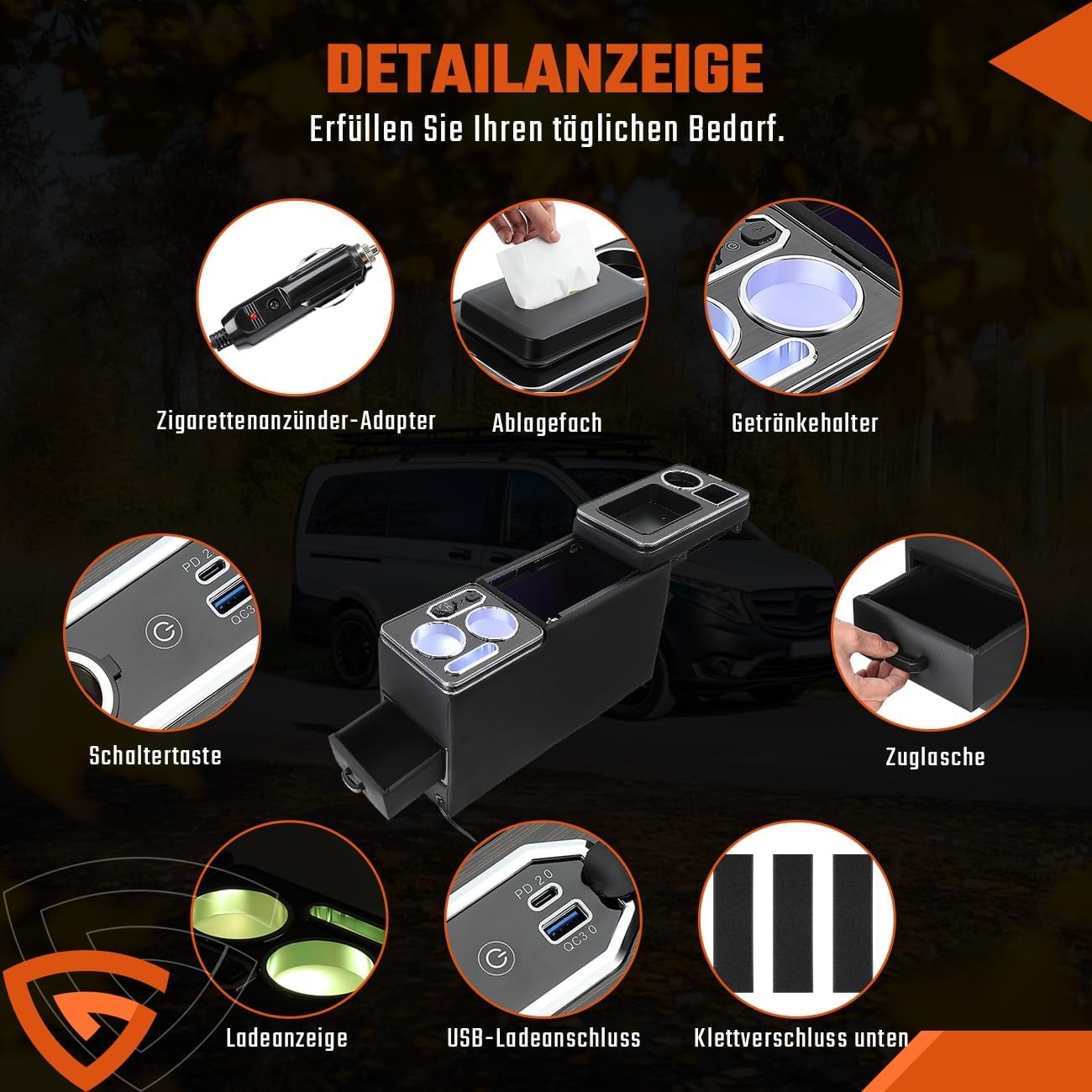 Opbergconsole VW T4-T6.1 Zwart Gla met USB & LED - 30% Korting!