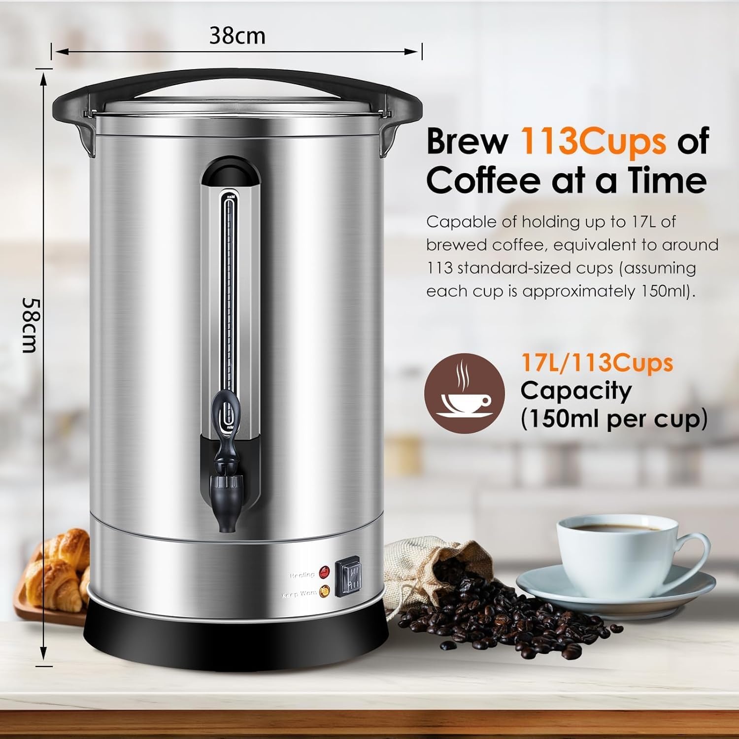 17L RVS Filterkoffieapparaat 113 Kopjes 1500W - Zilver | 28% Korting