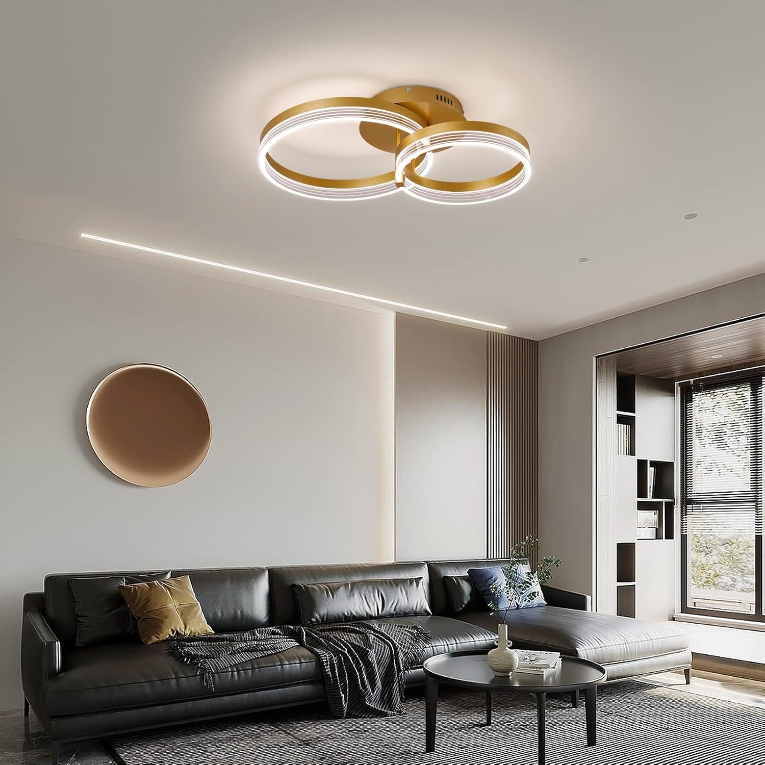 Modern LED Ceiling Light, Dimmable LED Acrylic Ceiling Lamp with Remote Control, 2-Rings Gold Ceiling Chandelier Flush Mount Ceiling Light Fixtures for Living Room Dining Room Bedroom, 32W
