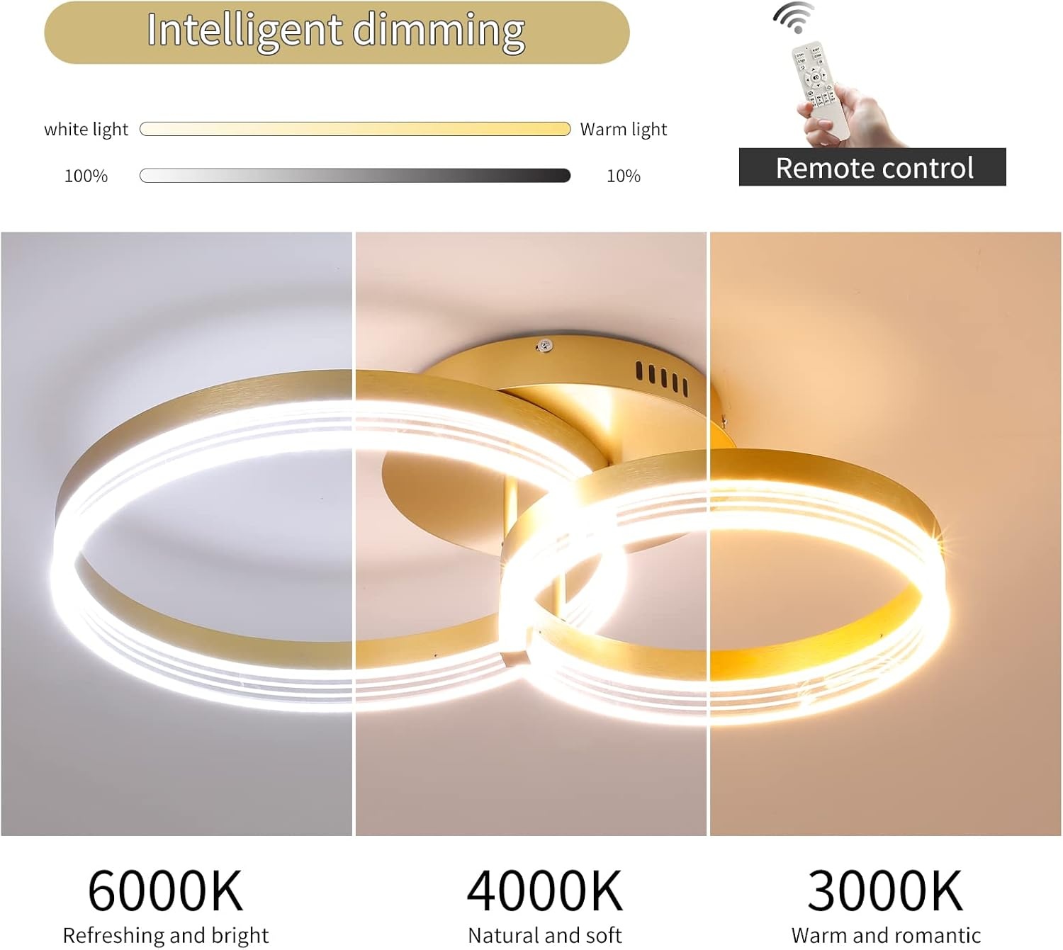Modern LED Ceiling Light, Dimmable LED Acrylic Ceiling Lamp with Remote Control, 2-Rings Gold Ceiling Chandelier Flush Mount Ceiling Light Fixtures for Living Room Dining Room Bedroom, 32W