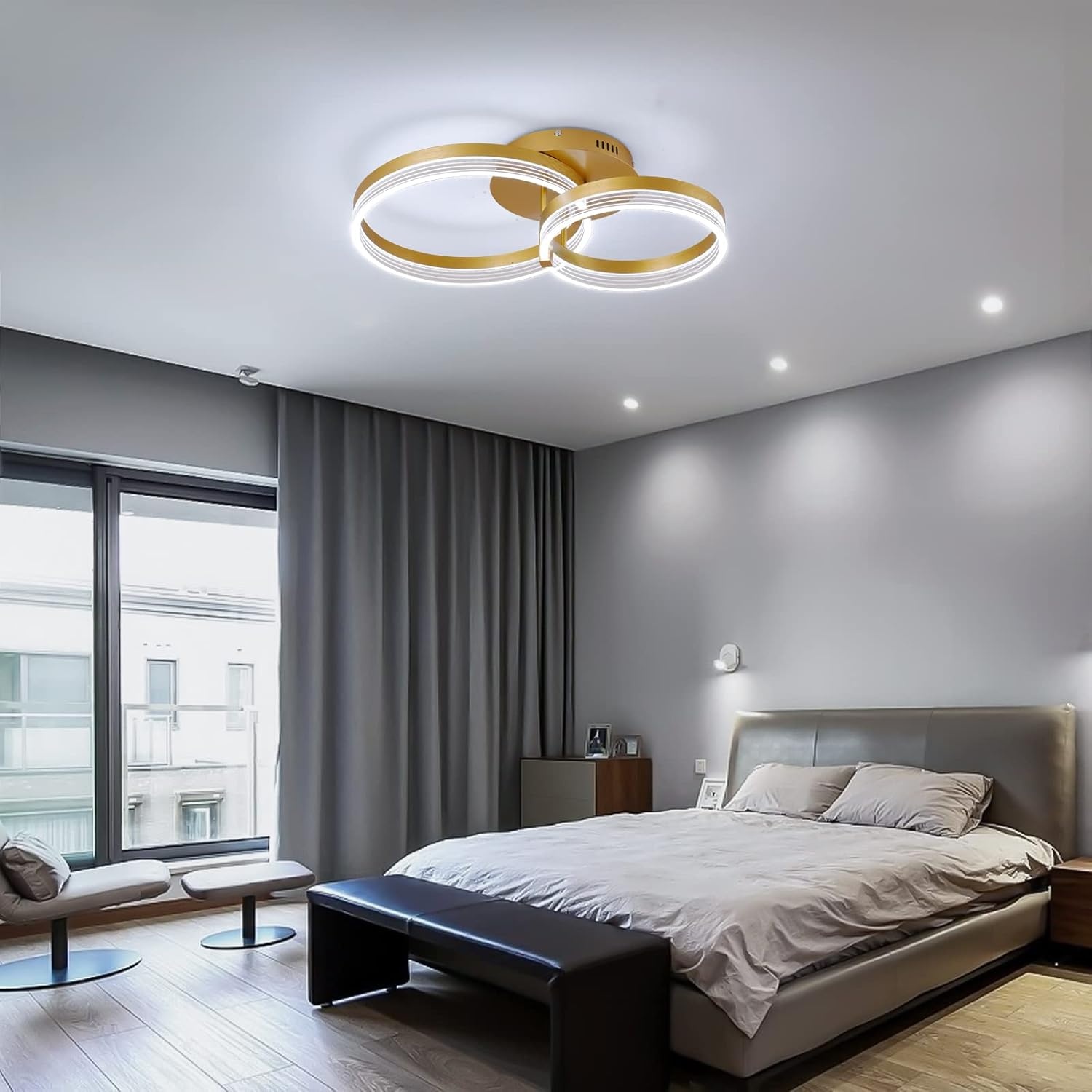 Modern LED Ceiling Light, Dimmable LED Acrylic Ceiling Lamp with Remote Control, 2-Rings Gold Ceiling Chandelier Flush Mount Ceiling Light Fixtures for Living Room Dining Room Bedroom, 32W