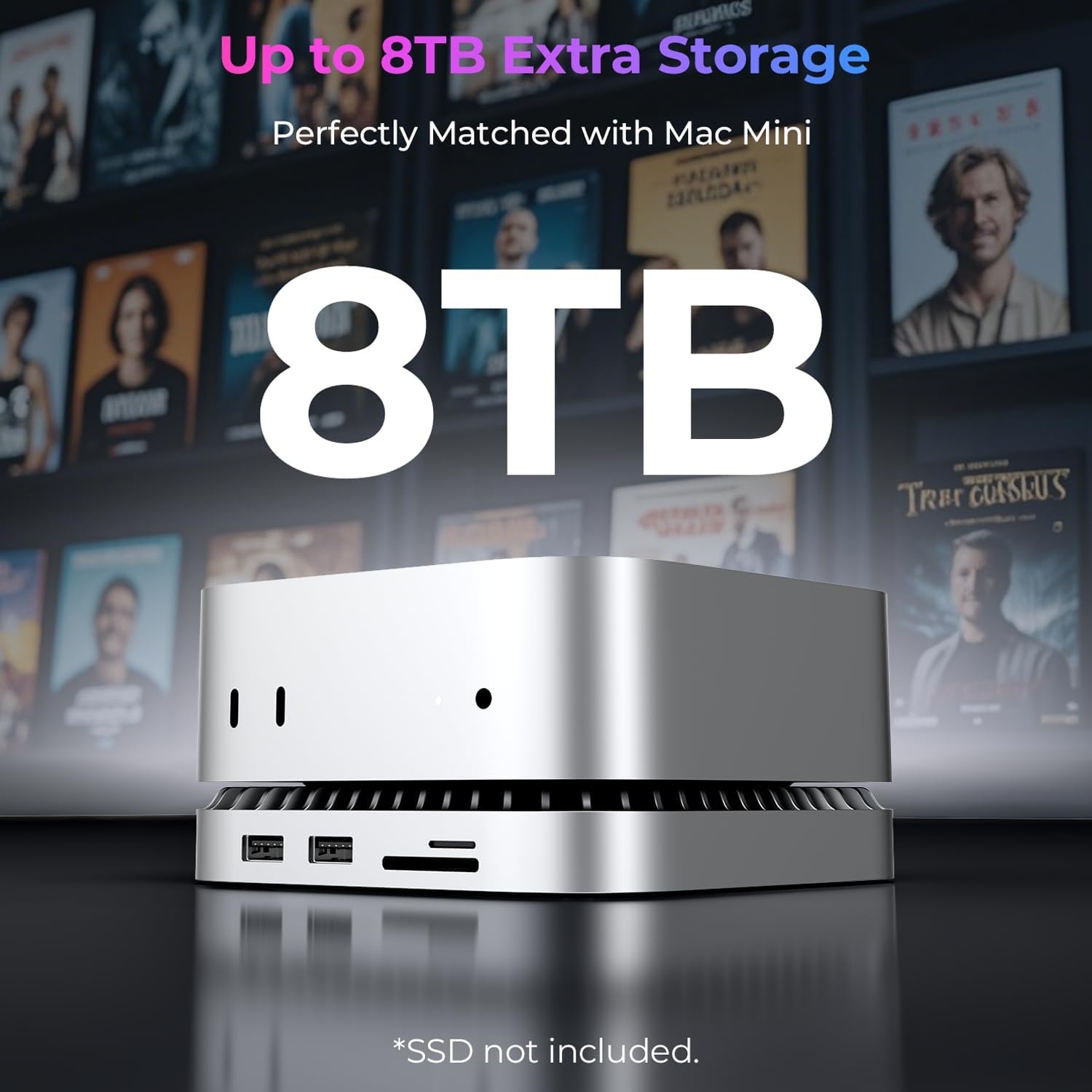 Raycue Mac mini M4 Dock & Stand met 8T NVMe SSD-behuizing, 2 USB A 10 Gbps, 10G USB C-gegevenspoort, 5G USB A*2, USB-C-opladen, SD/TF, audio voor Mac mini M4/M4 Pro