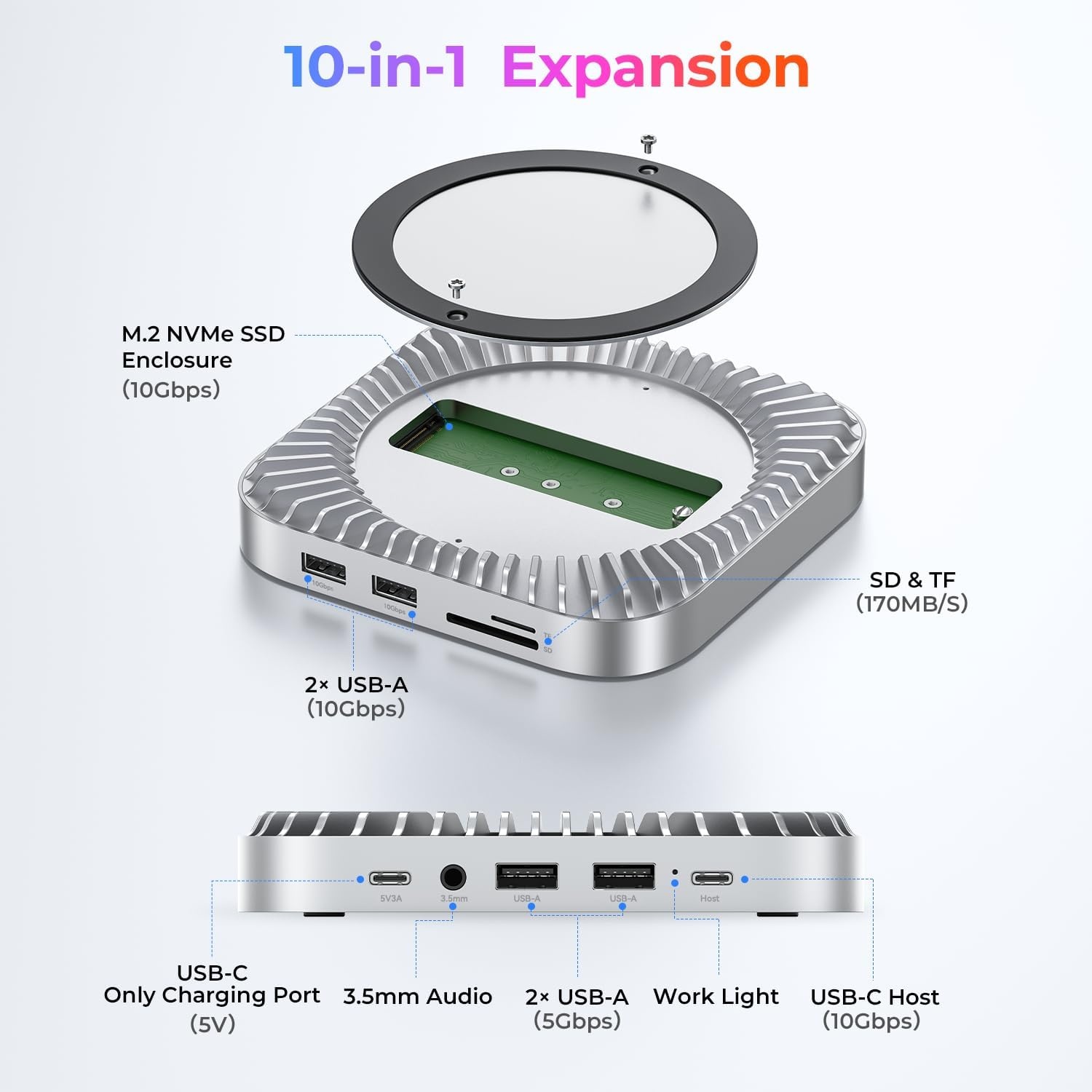 Raycue Mac mini M4 Dock & Stand met 8T NVMe SSD-behuizing, 2 USB A 10 Gbps, 10G USB C-gegevenspoort, 5G USB A*2, USB-C-opladen, SD/TF, audio voor Mac mini M4/M4 Pro