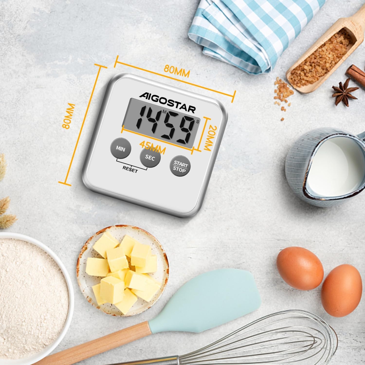 Aigostar Digitale Keukentimer met Groot LCD Scherm, Multifunctioneel (Stopwatch, Timer)