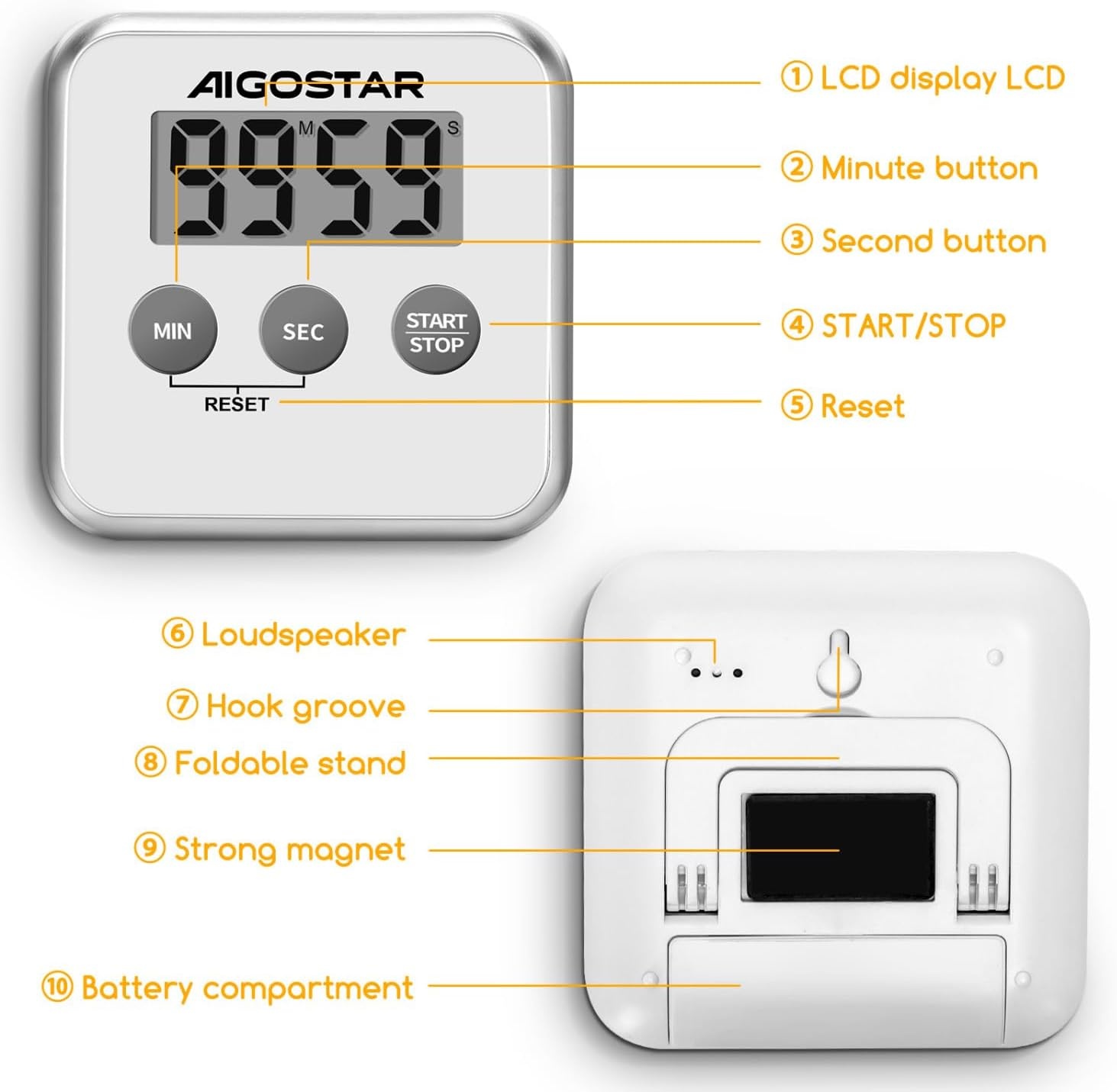 Aigostar Digitale Keukentimer met Groot LCD Scherm, Multifunctioneel (Stopwatch, Timer)