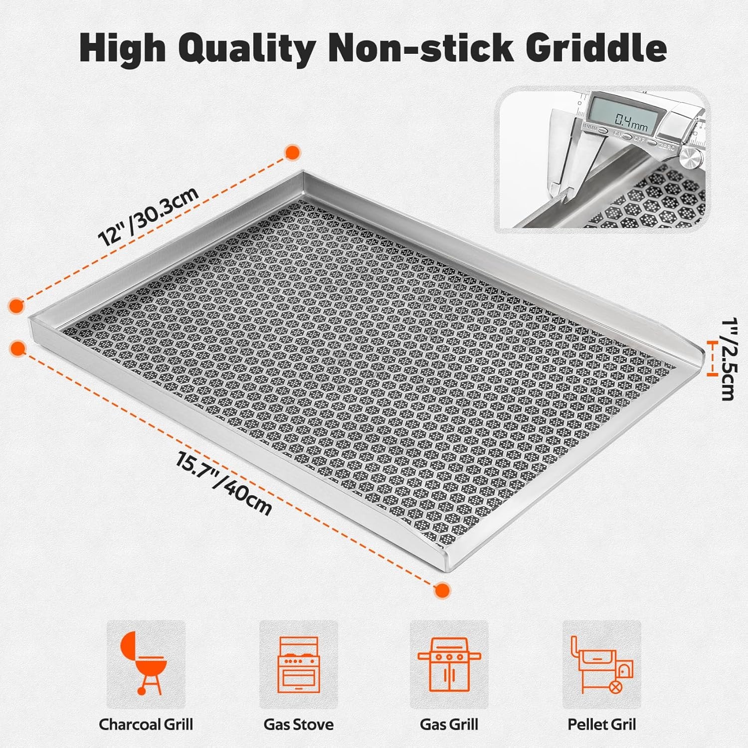Onlyfire 304 Roestvrijstalen Grillplaat met Honingraatstructuur, Antiaanbaklaag, Universele BBQ Plancha voor Gasgrill, Houtskoolgrill en Gasfornuis, Plaat 4mm Massief