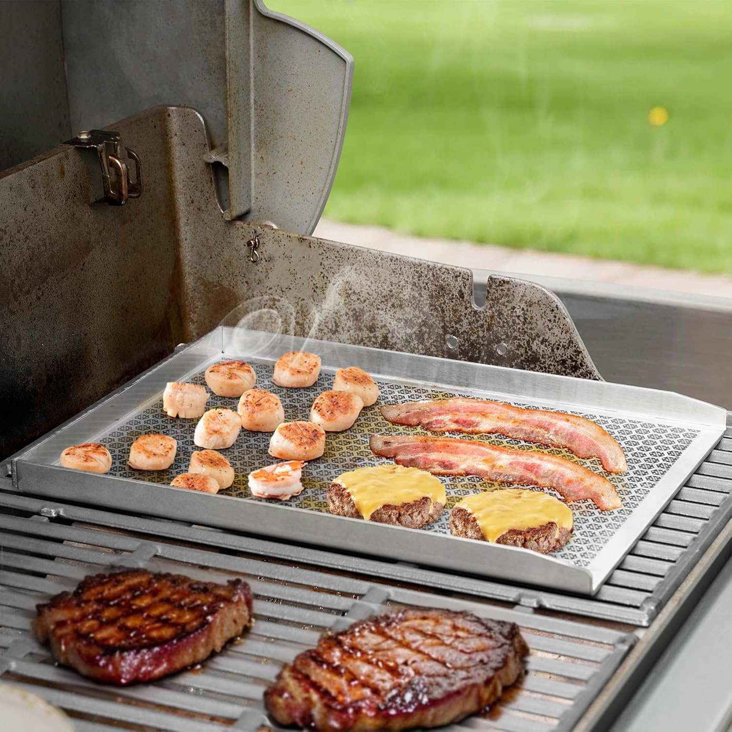Onlyfire 304 Roestvrijstalen Grillplaat met Honingraatstructuur, Antiaanbaklaag, Universele BBQ Plancha voor Gasgrill, Houtskoolgrill en Gasfornuis, Plaat 4mm Massief
