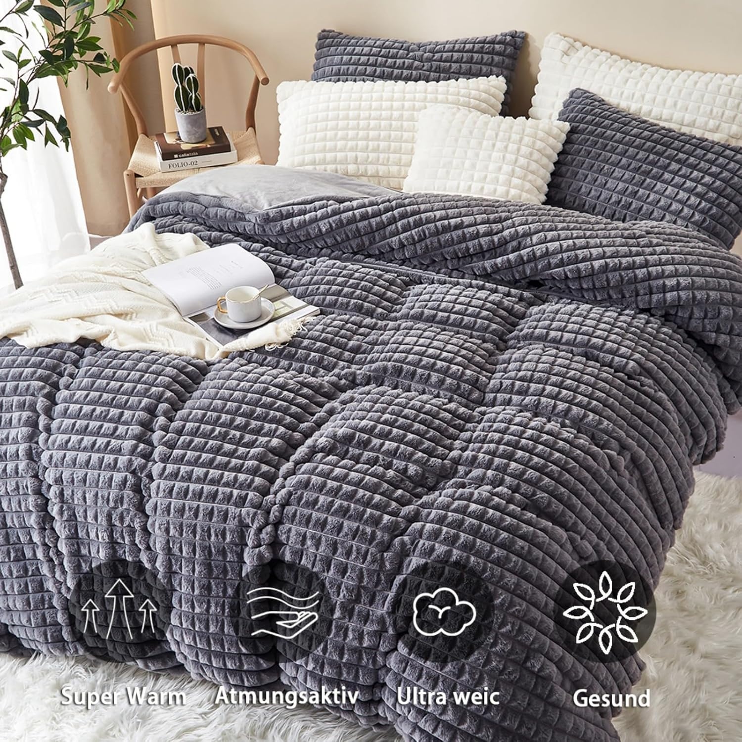 Tospass Pluche beddengoed, 200 x 220 cm, 3-delig, winter, konijnenvacht, fluweel, fleece, flanel, grijs, wollig, warm beddengoed, kasjmier, touch, omkeerbaar dekbedovertrek met ritssluiting, 2