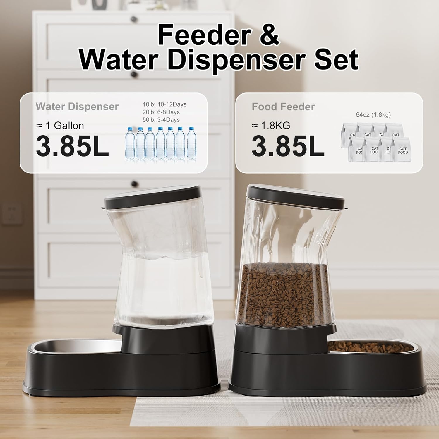 Gardner Pet Voedsel- en watervoerset (3,85L*2), automatische kattenvoederbak met roestvrijstalen kom, zwaartekracht hondenwaterdispenser, geen elektriciteit nodig, BPA-vrije kattenkommen
