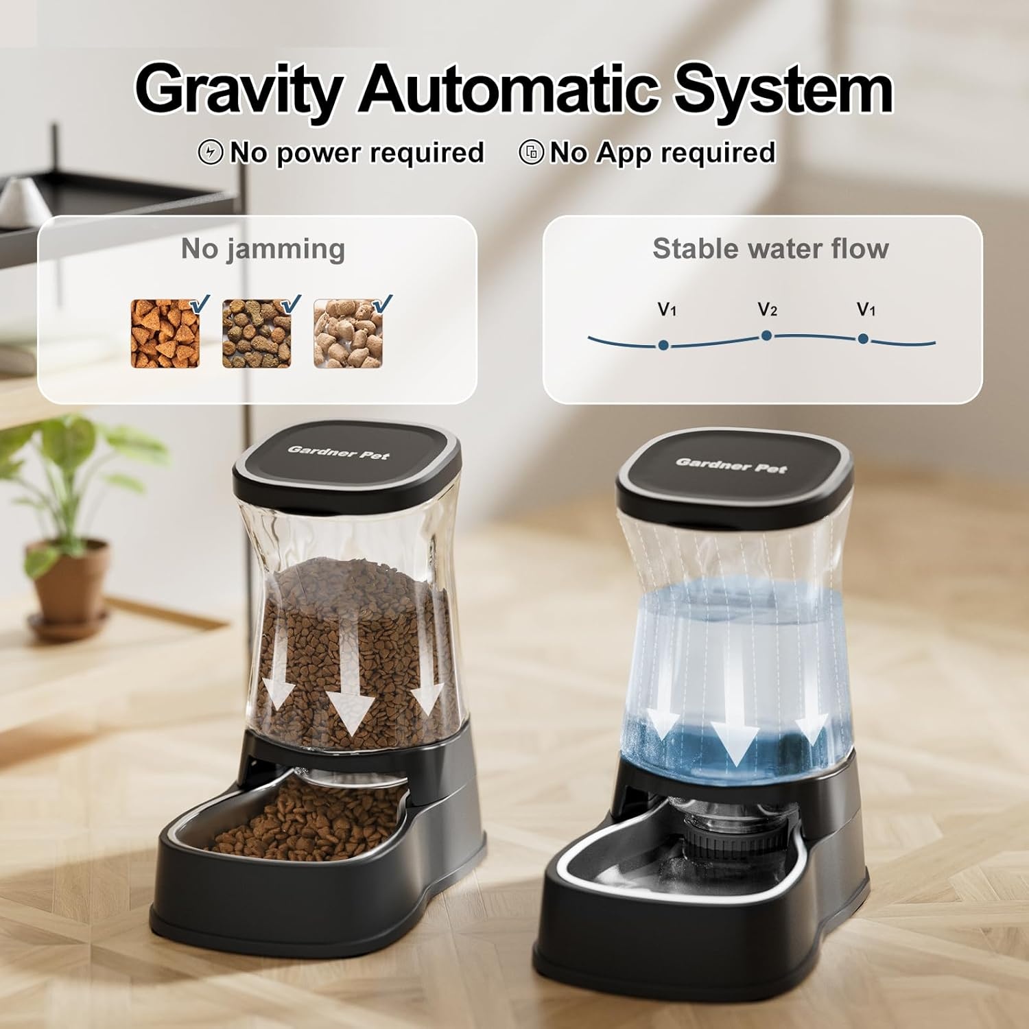 Gardner Pet Voedsel- en watervoerset (3,85L*2), automatische kattenvoederbak met roestvrijstalen kom, zwaartekracht hondenwaterdispenser, geen elektriciteit nodig, BPA-vrije kattenkommen