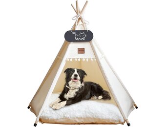 Tipi Tent voor huisdieren met dubbelzijdig kussen, huisdiertent voor honden/katten, huisdierenhok, afneembaar en wasbaar, hondenhuis voor cavia's, konijnen, hamsters, kittens, 60 x 60 x 70 cm