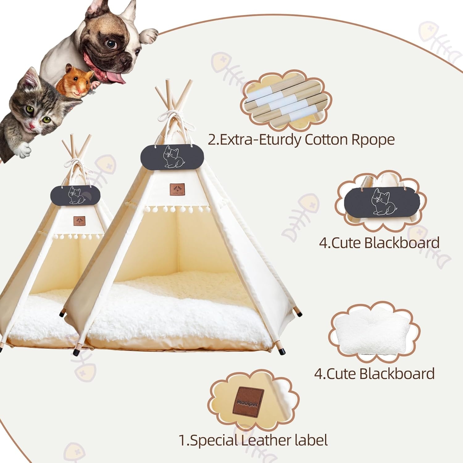 Tipi Tent voor huisdieren met dubbelzijdig kussen, huisdiertent voor honden/katten, huisdierenhok, afneembaar en wasbaar, hondenhuis voor cavia's, konijnen, hamsters, kittens, 60 x 60 x 70 cm
