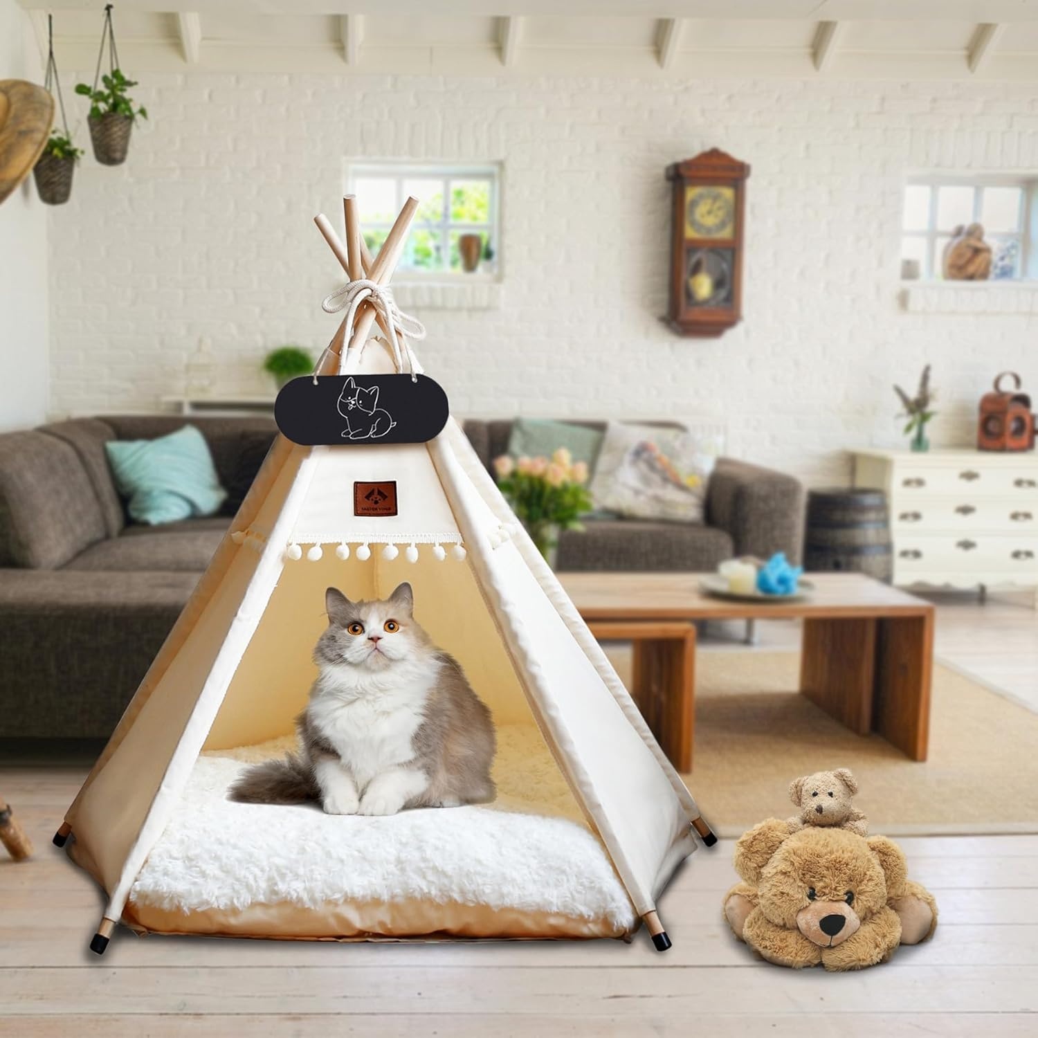 Tipi Tent voor huisdieren met dubbelzijdig kussen, huisdiertent voor honden/katten, huisdierenhok, afneembaar en wasbaar, hondenhuis voor cavia's, konijnen, hamsters, kittens, 60 x 60 x 70 cm