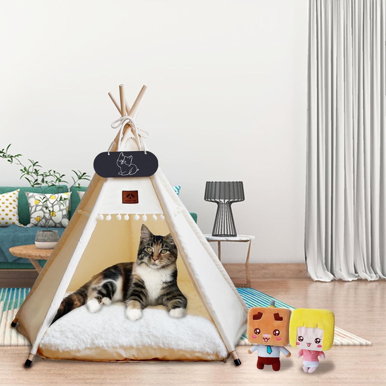 Tipi Tent voor huisdieren met dubbelzijdig kussen, huisdiertent voor honden/katten, huisdierenhok, afneembaar en wasbaar, hondenhuis voor cavia's, konijnen, hamsters, kittens, 60 x 60 x 70 cm
