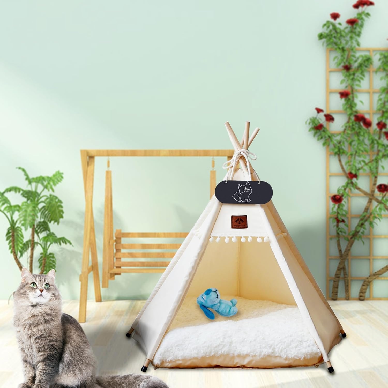 Tipi Tent voor huisdieren met dubbelzijdig kussen, huisdiertent voor honden/katten, huisdierenhok, afneembaar en wasbaar, hondenhuis voor cavia's, konijnen, hamsters, kittens, 60 x 60 x 70 cm