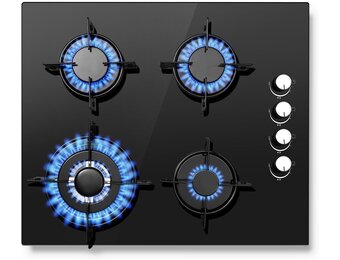 SNDOAS Gaskookplaat 4 pits, 60 cm glaskeramisch gasfornuis met ontstekings zekering, geschikt voor aardgas of propaangas, inbouw of vrijstaand, 8000 W, 220-240 V - Maat 60cm