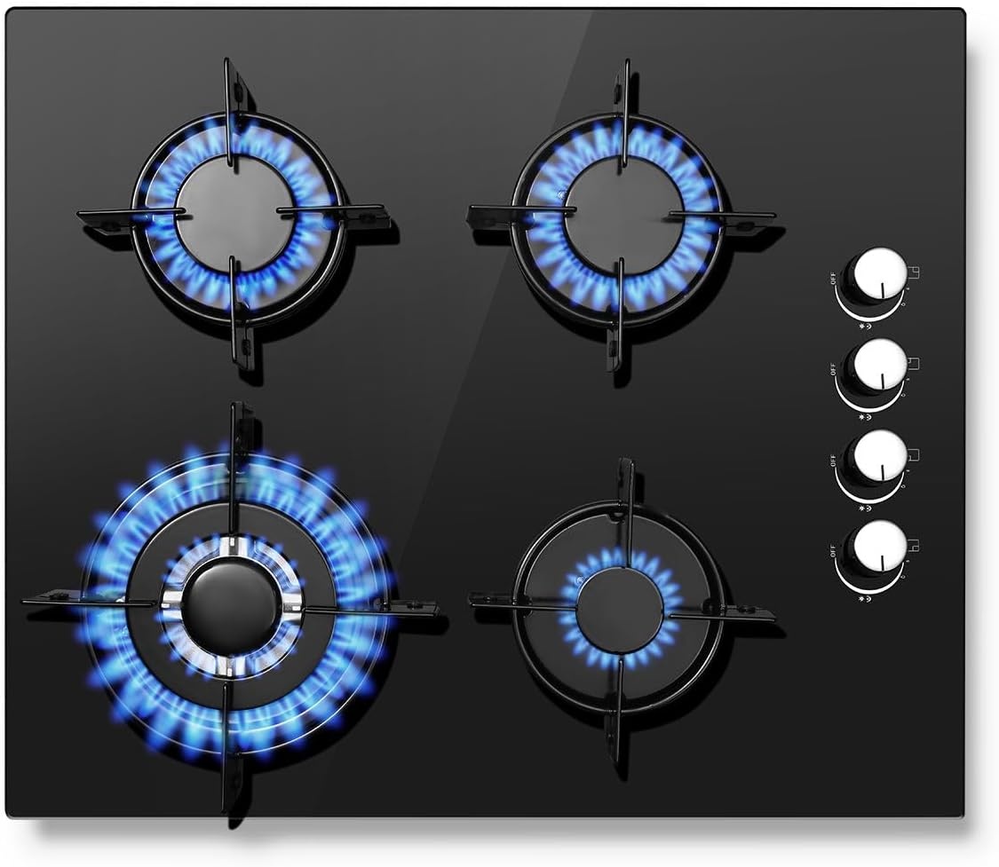 SNDOAS Gaskookplaat 4 pits, 60 cm glaskeramisch gasfornuis met ontstekings zekering, geschikt voor aardgas of propaangas, inbouw of vrijstaand, 8000 W, 220-240 V - Maat 60cm