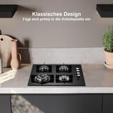 SNDOAS Gaskookplaat 4 pits, 60 cm glaskeramisch gasfornuis met ontstekings zekering, geschikt voor aardgas of propaangas, inbouw of vrijstaand, 8000 W, 220-240 V - Maat 60cm