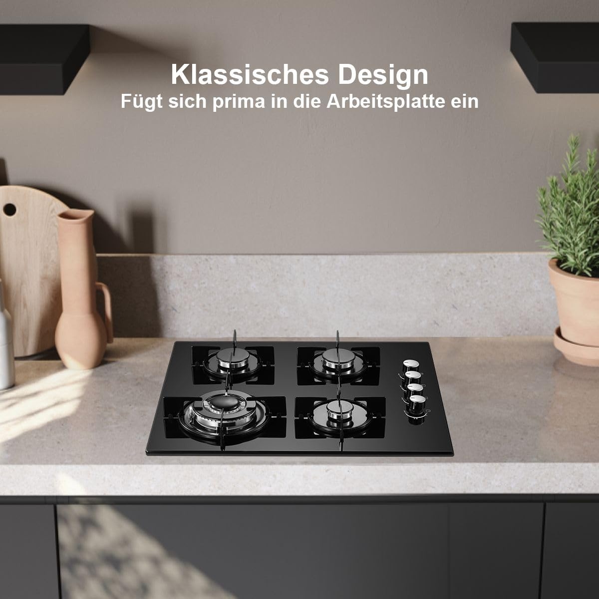 SNDOAS Gaskookplaat 4 pits, 60 cm glaskeramisch gasfornuis met ontstekings zekering, geschikt voor aardgas of propaangas, inbouw of vrijstaand, 8000 W, 220-240 V - Maat 60cm