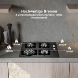 SNDOAS Gaskookplaat 4 pits, 60 cm glaskeramisch gasfornuis met ontstekings zekering, geschikt voor aardgas of propaangas, inbouw of vrijstaand, 8000 W, 220-240 V - Maat 60cm