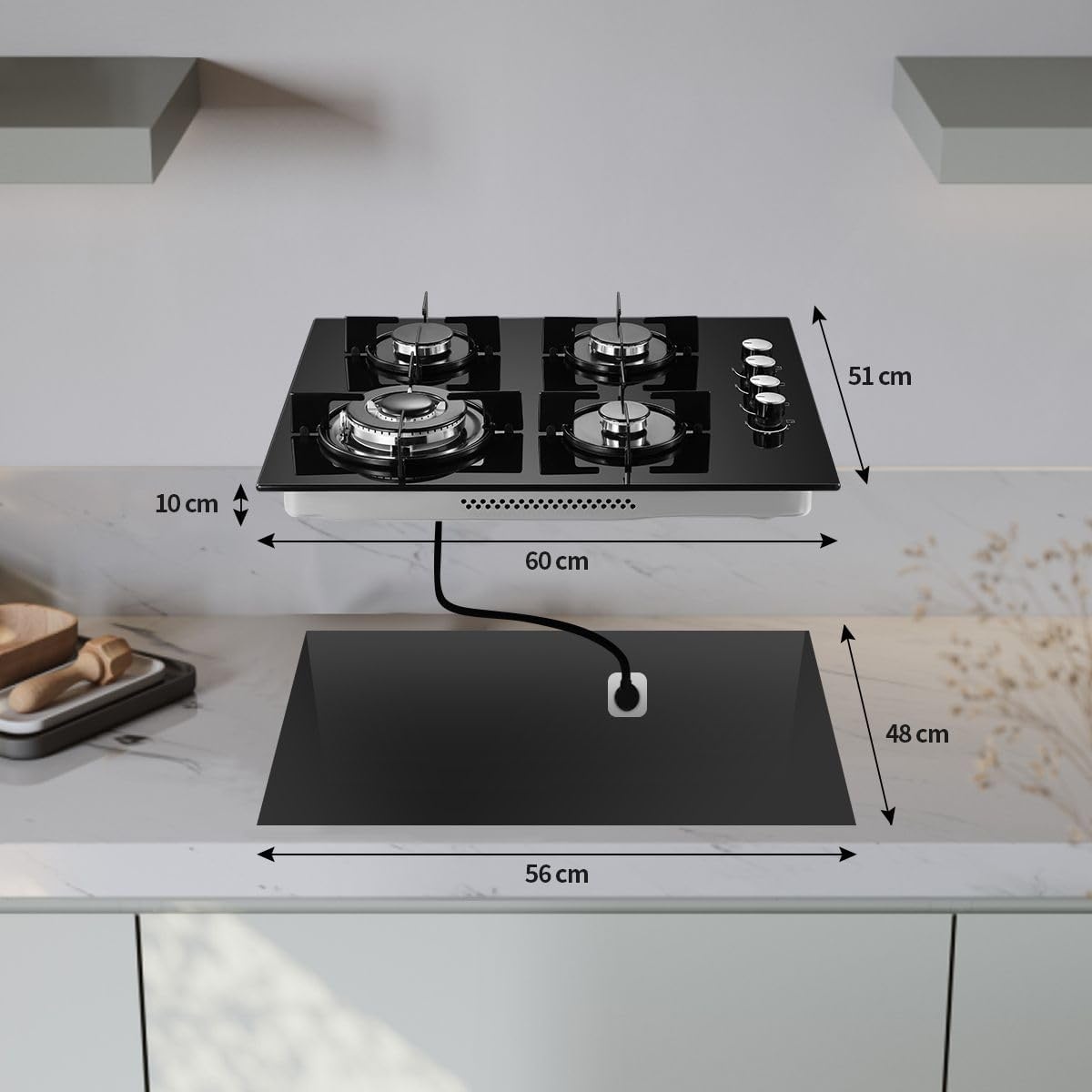 SNDOAS Gaskookplaat 4 pits, 60 cm glaskeramisch gasfornuis met ontstekings zekering, geschikt voor aardgas of propaangas, inbouw of vrijstaand, 8000 W, 220-240 V - Maat 60cm
