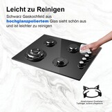 SNDOAS Gaskookplaat 4 pits, 60 cm glaskeramisch gasfornuis met ontstekings zekering, geschikt voor aardgas of propaangas, inbouw of vrijstaand, 8000 W, 220-240 V - Maat 60cm