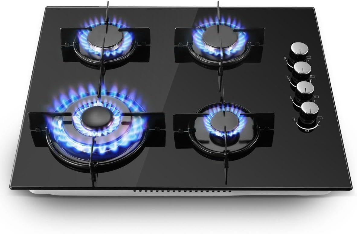 SNDOAS Gaskookplaat 4 pits, 60 cm glaskeramisch gasfornuis met ontstekings zekering, geschikt voor aardgas of propaangas, inbouw of vrijstaand, 8000 W, 220-240 V - Maat 60cm