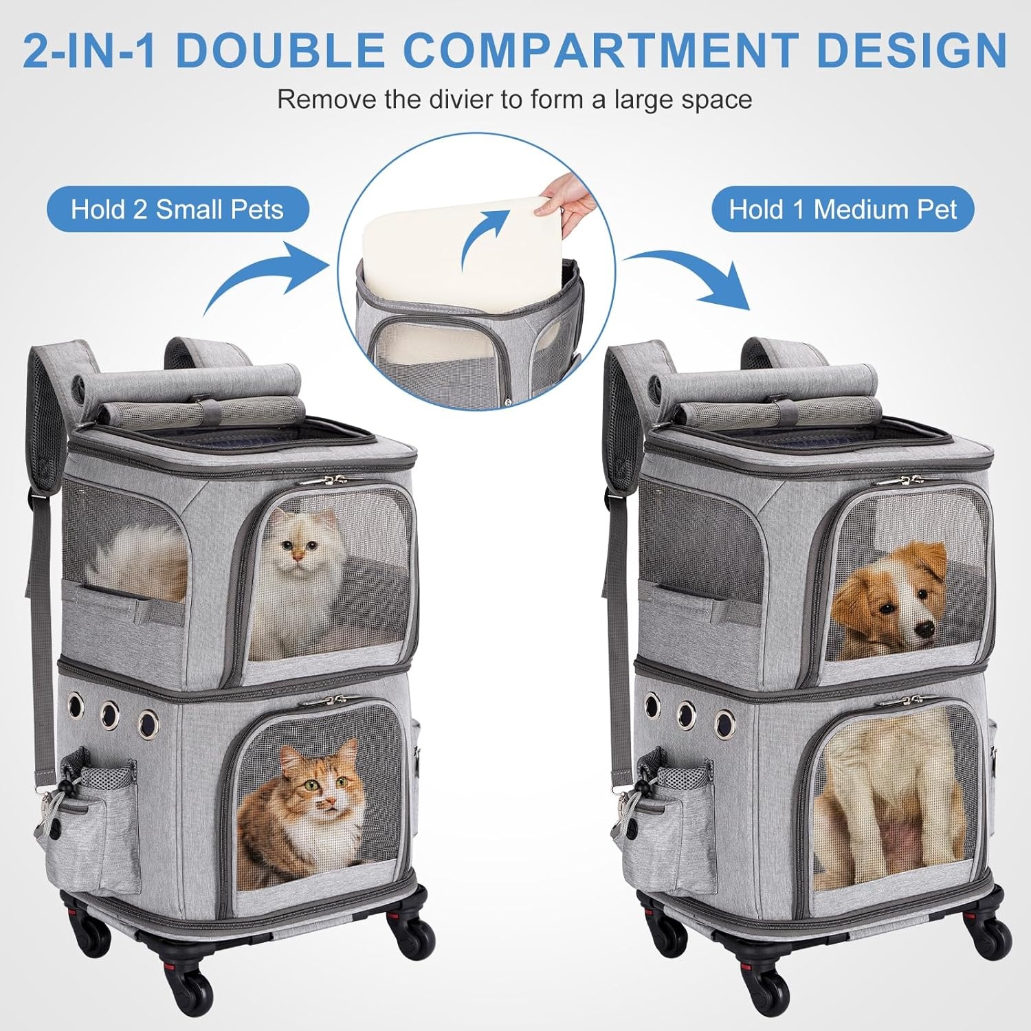 Kattenrugzak met dubbele compartimenten en afneembare wielen, opvouwbare hondendragerrugzak, huisdierdragerrugzak voor 2 kleine katten, honden en konijnen, grijs