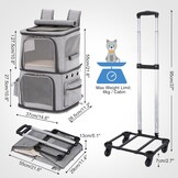 Kattenrugzak met dubbele compartimenten en afneembare wielen, opvouwbare hondendragerrugzak, huisdierdragerrugzak voor 2 kleine katten, honden en konijnen, grijs