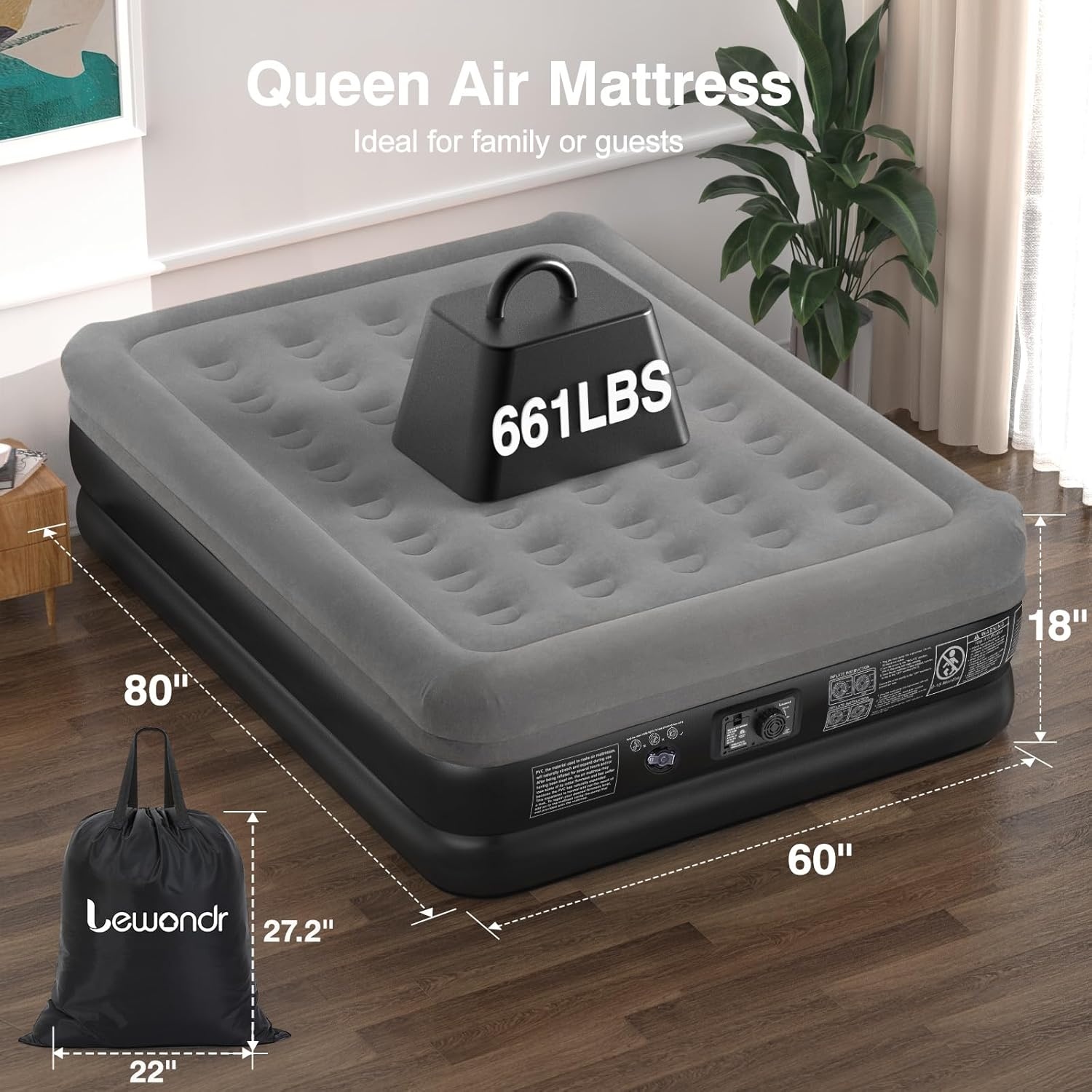 Lewondr Opblaasbaar matras voor tweepersoonsbed met geïntegreerde pomp, 203 x 152 x 46 cm, duurzame opblaasbare matras, verstelbaar, snelluchtmatras van 3 minuten, voor kamperen, thuis en op reis (max