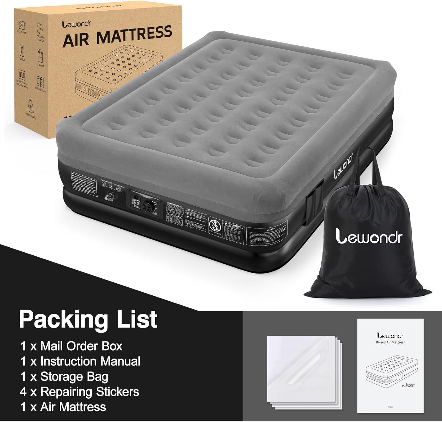 Lewondr Opblaasbaar matras voor tweepersoonsbed met geïntegreerde pomp, 203 x 152 x 46 cm, duurzame opblaasbare matras, verstelbaar, snelluchtmatras van 3 minuten, voor kamperen, thuis en op reis (max