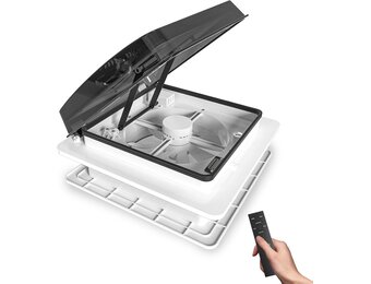 2012 Air Max Dakventilator voor camping, auto, elektrisch, ultralaag geluidsniveau, permanente RV-ventilatie, omkeerbare afzuigventilator, 12 V, met 14 inch (14 inch), UV-bescherming, doorschijnend