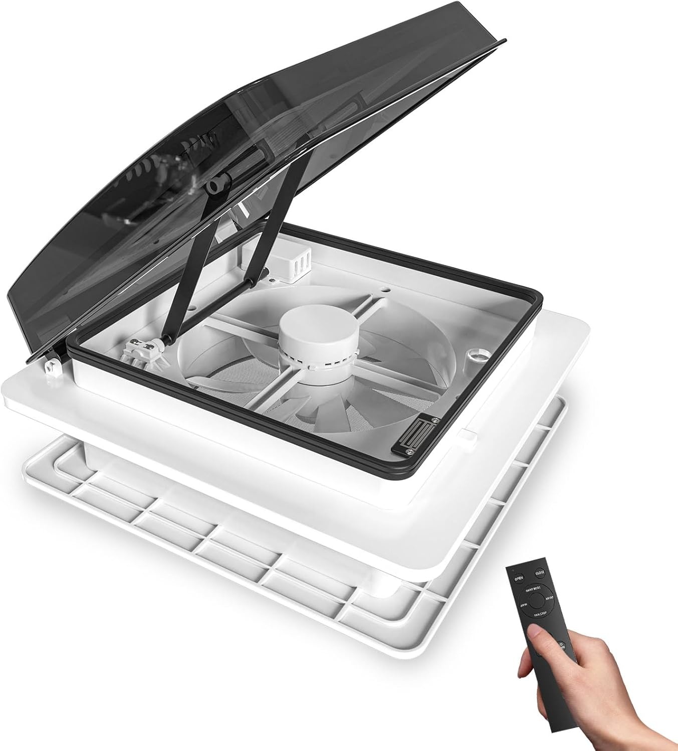 2012 Air Max Dakventilator voor camping, auto, elektrisch, ultralaag geluidsniveau, permanente RV-ventilatie, omkeerbare afzuigventilator, 12 V, met 14 inch (14 inch), UV-bescherming, doorschijnend