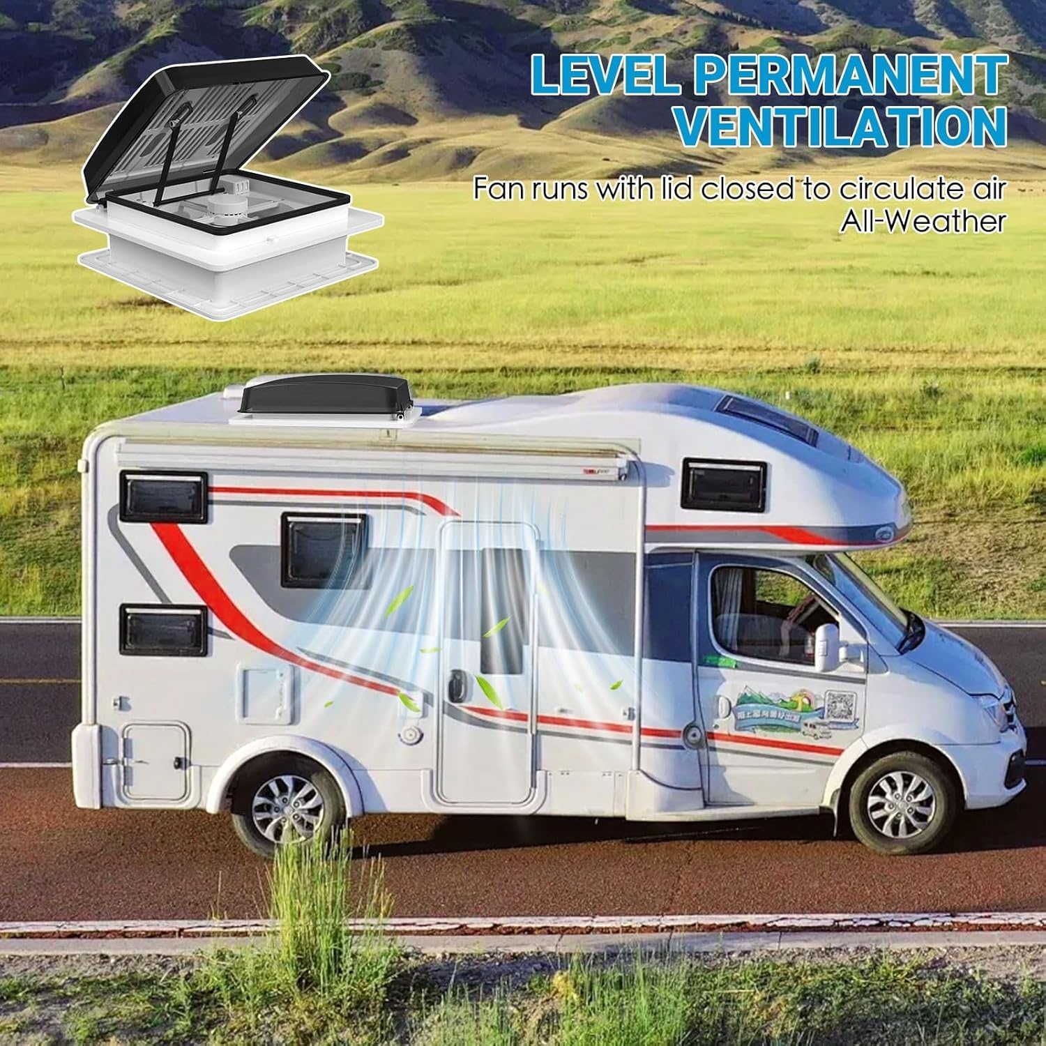 2012 Air Max Dakventilator voor camping, auto, elektrisch, ultralaag geluidsniveau, permanente RV-ventilatie, omkeerbare afzuigventilator, 12 V, met 14 inch (14 inch), UV-bescherming, doorschijnend