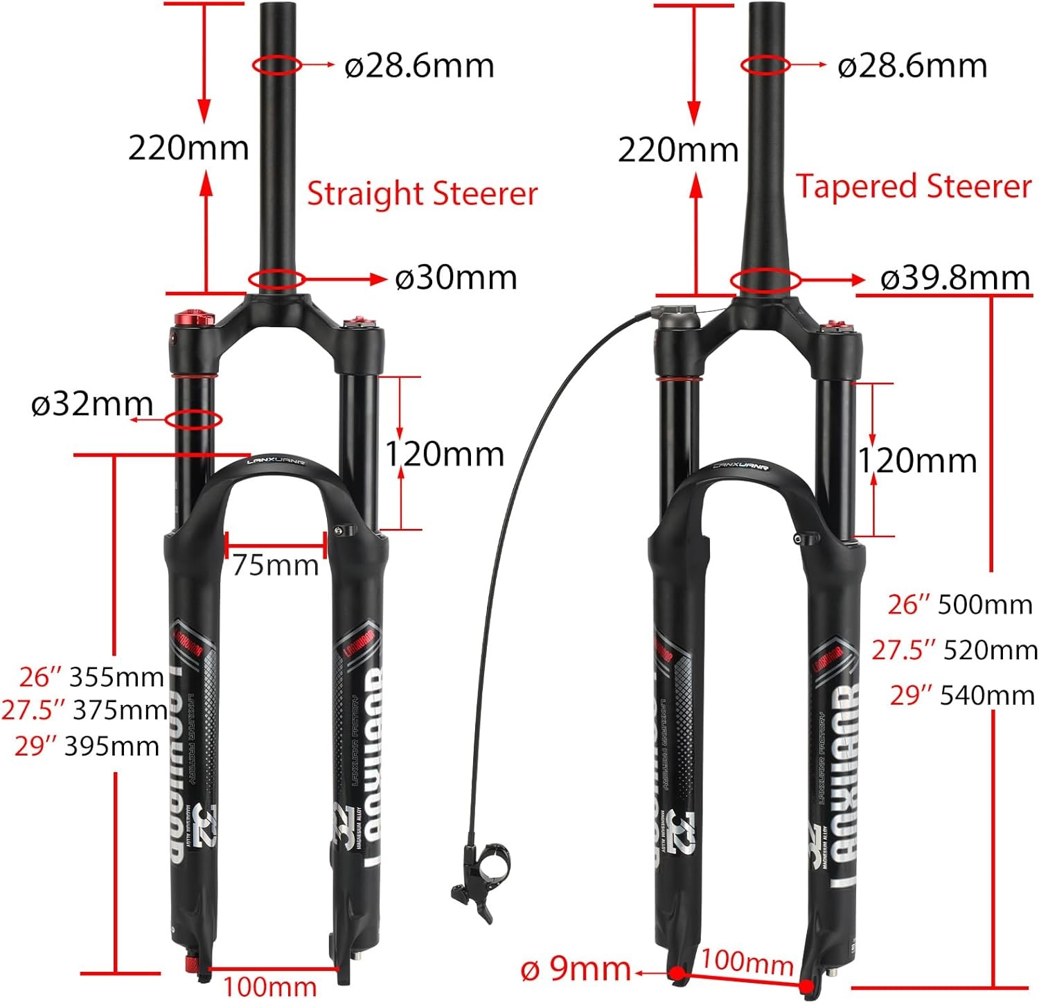 26/27,5/29 inch magnesiumlegering mountainbike vork terugslaginstelling, luchtvering voorvork 100 mm veerweg, 9 mm as, schijfrem
